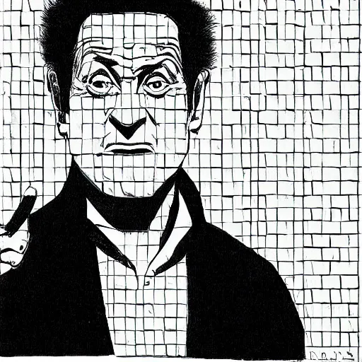 Image similar to Joe Pesci black & white portrait, manga panel, art by Nobuyuki Fukumoto