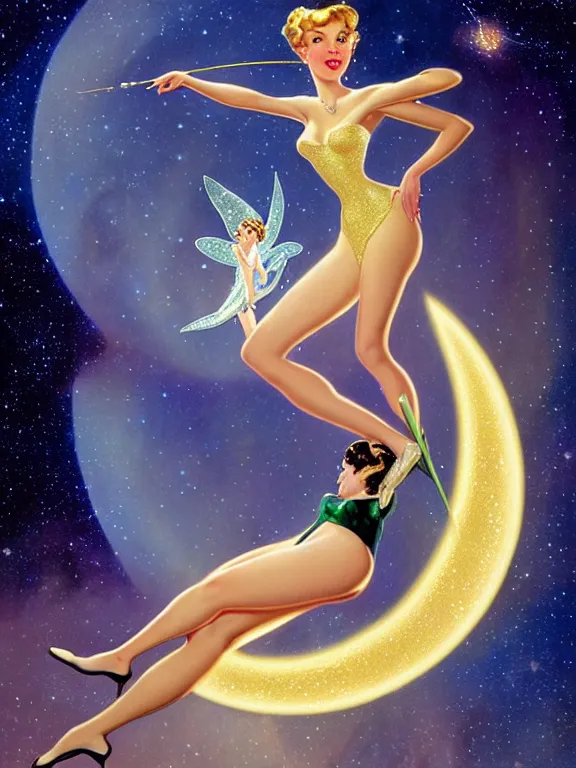 Image similar to Diana argon as tinkerbell glowing, a beautiful art nouveau portrait by Gil elvgren and Hajime Sorayama, moonlit starry sky environment, centered composition, defined features, golden ratio, gold jewlery, photorealistic professionals lighting, cinematic, sheer