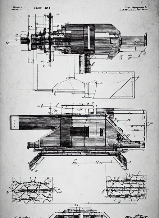 Image similar to battletech mech with axe for a hand cross - section blueprints by thomas hubert. in the style of a 1 9 0 3 patent design diagram