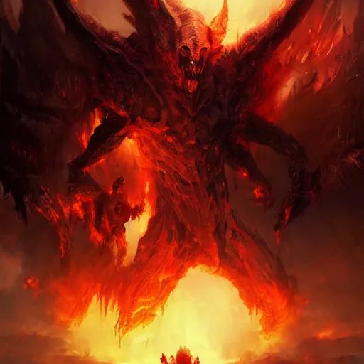 Prompt: 4k demon coming up from hell in a fantasy setting , art by greg rutkowski, art by craig mullins, art by thomas kincade, art by Yoshitaka Amano