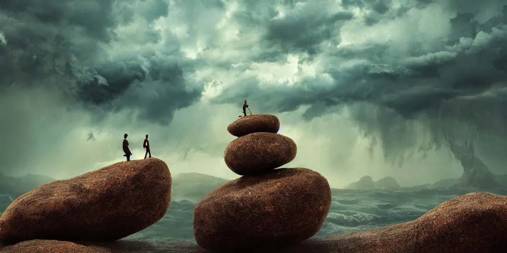 Prompt: Photorealistic crowd of lurching people made from colorful fungus approach. Magically floating rocks, with ominous storm clouds, strange levitating stones, stones falling from the sky, a gentle rising mist. occult photorealism, UHD, amazing depth, glowing, golden ratio, 3D octane cycle unreal engine 5, volumetric lighting, cinematic lighting, cgstation artstation concept art