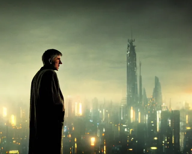 Image similar to 2 0 1 8 blade runner movie still man looking at the cityscape from roof, neon, back of body and head