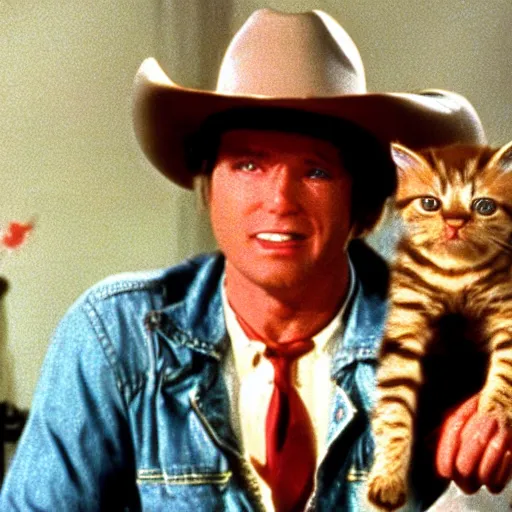 Prompt: film still of the kitten wearing the cowboy hat in the 1 9 8 0 s american comedy movie, the cats won the west, 4 k