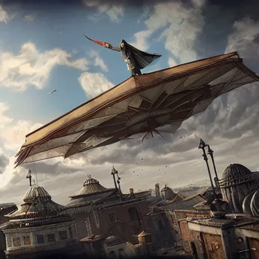 Prompt: a flying masjid in the sky with fluffy clouds, concept art, n the style of assassin's creed - n 4