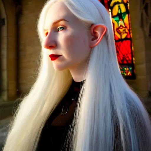 Prompt: side - view portrait of a pale elf, long white hair, elf ears, red coat, gothic stained glass window, masterful, backlit