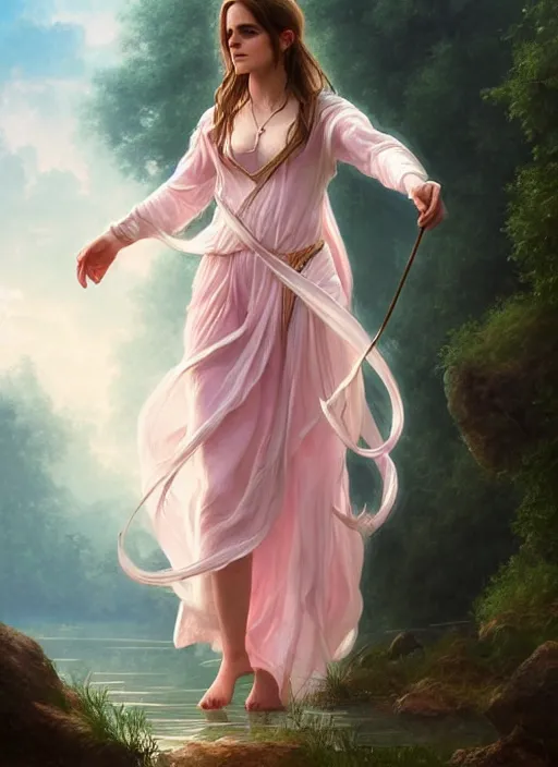 Image similar to emma watson as magic healer goddess, long hair, white and pink cloth, lake in the forest, D&D, shiny background, intricate, elegant, highly detailed, digital painting, artstation, concept art, smooth, sharp focus, illustration, artgerm, bouguereau