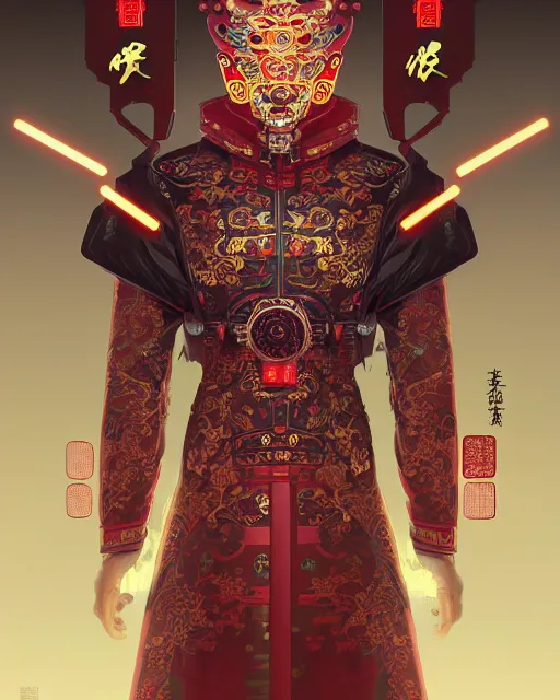 Image similar to portrait of a chinese cyberpunk machine, machine face, robed, upper half portrait, decorated with chinese opera motifs regal royal fierce machine robot cyberpunk fine china, wuxia, traditional chinese art intricate intense elegant highly detailed digital painting artstation concept art smooth sharp focus illustration, art by artgerm and greg rutkowski alphonse mucha 8 k