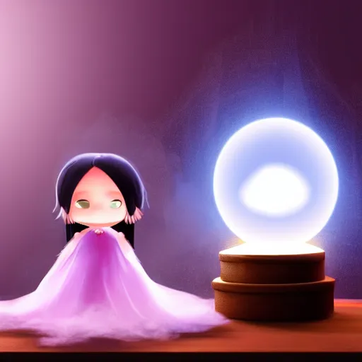 Image similar to cute fumo plush girl gazing into a crystal ball swirling with strange energy, smoke and volumetric fog, lens flare glow, chibi, vray