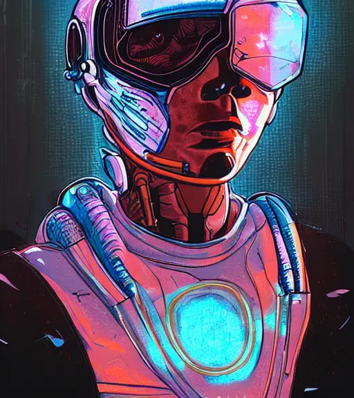 Image similar to cyborg woman with a hologram for a head, techwear, dead space, visible face, Industrial Scifi, detailed illustration, character portrait, by Martin Grip and Moebius