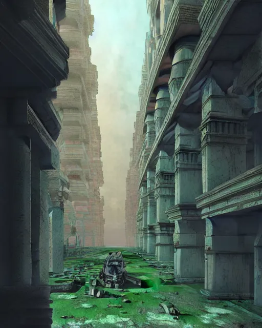 Prompt: hyperrealistic 3d render high quality baroque mecha iridescent pink brutalist city ruins background concept art vray! santiago caruso de chirico sharp very dramatic green light 8k low angle shallow depth of field