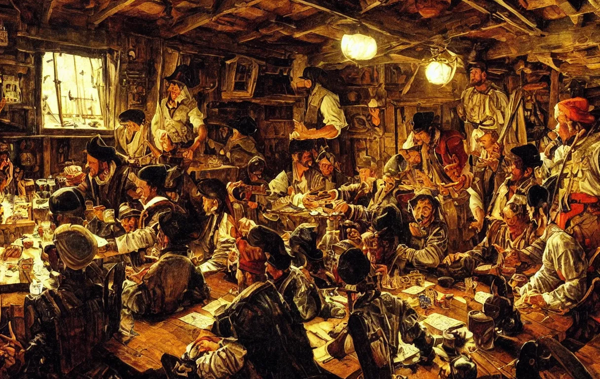 Image similar to a painting of a pirates playing cards in a cabin of a 16th century galley, dark lighting, by Norman Rockwell