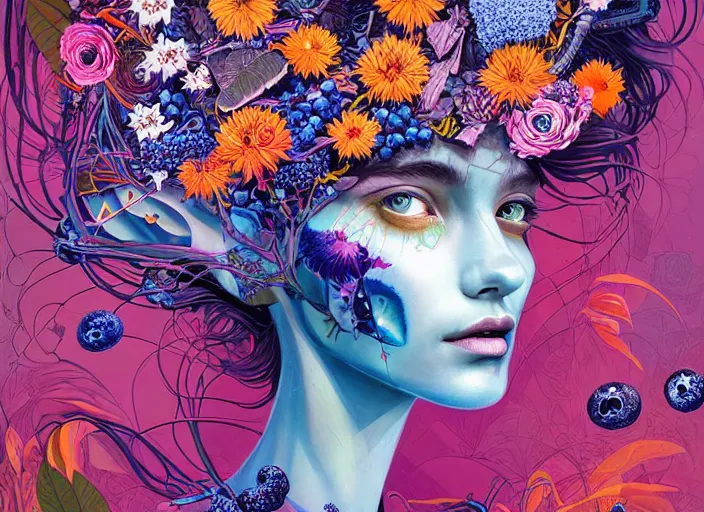 Image similar to a painting of a beautiful cyborg girl with a lot of flowers and blueberries and exotic plants on its head, poster art by android jones, behance contest winner, generative line art, made of flowers, grotesque, concert poster