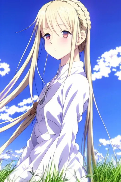 Prompt: anime art full body portrait character concept art, anime key visual of violet evergarden, blonde braids and blue eyes, white shirt and green skirt, finely detailed perfect face delicate features directed gaze, laying down in the grass at sunset in a valley, snuggle by a huge silver white dragon, trending on pixiv fanbox, violet evergarden, studio ghibli, extremely high quality artwork