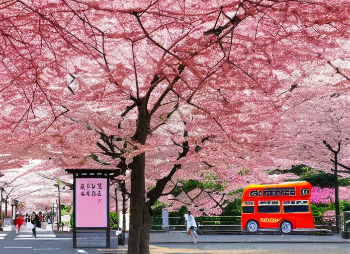 Prompt: pixel art of a bus stop in kyoto where cherry blossoms bloom a warm pink color.