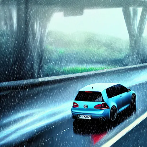 Prompt: vw golf gti speeding down a rain - soaked highway highly detailed, digital painting, concept art, sharp focus, by makoto shinkai