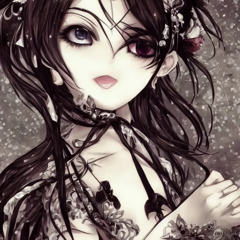 Image similar to beautiful illustration of anime maid, stunning and rich detail, pretty face and eyes. Trending on pixiv, gothic style