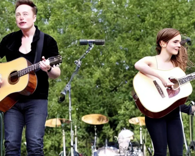 Image similar to elon musk & emma watson performing at woodstock