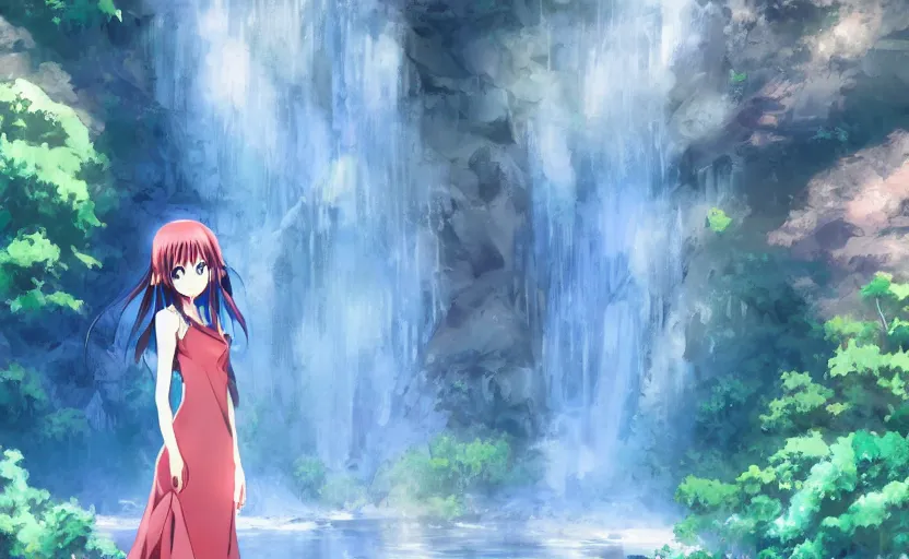 Prompt: An anime girl in a flowing dress, standing in front of a waterfall, anime scenery by Makoto Shinkai, digital art