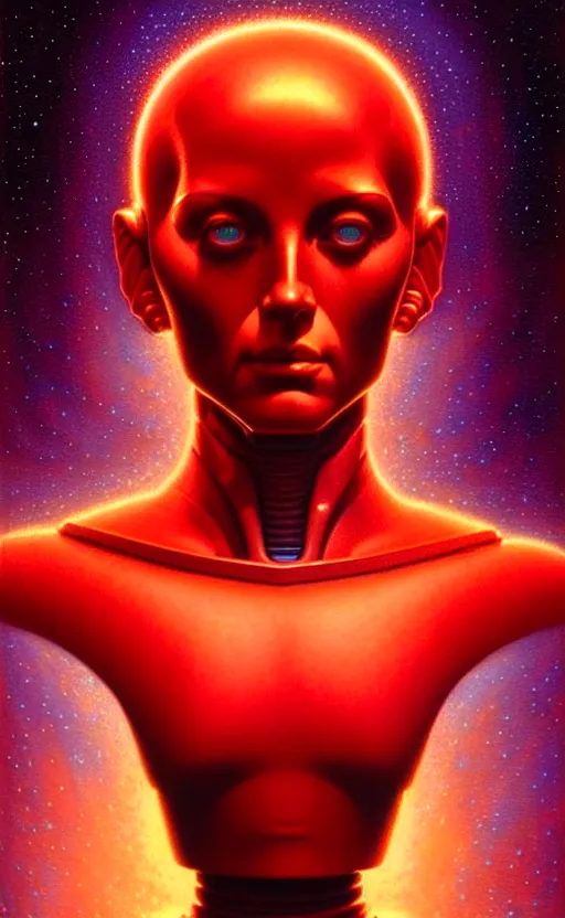 Prompt: friendly female android, award winning, portrait bust, symmetry, faded red colors, galaxy background, tim hildebrandt, wayne barlowe, bruce pennington, donato giancola, larry elmore, masterpiece, trending on artstation, cinematic composition, beautiful lighting, hyper detailed!!!, 8 k, oil on canvas