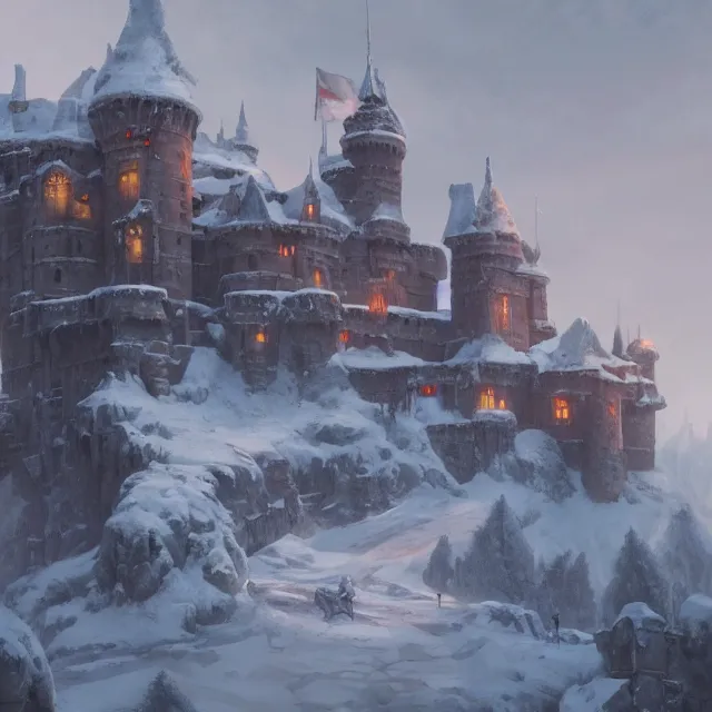 Image similar to a painting of a castle in the middle of a snowy mountain, a detailed matte painting by andreas rocha and greg rutkowski, featured on artstation, fantasy art, matte drawing, matte painting, artstation hq