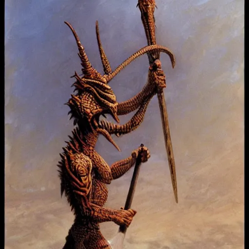 Image similar to tribal lizardman warrior concept, wielding aztec club, beksinski