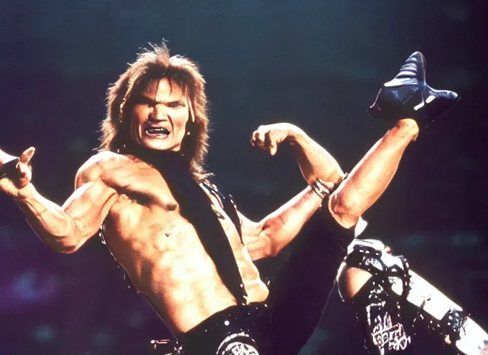 Image similar to publicity photo still of patrick swayze in motley crue live on stage, 8 k, live concert lighting, mid shot