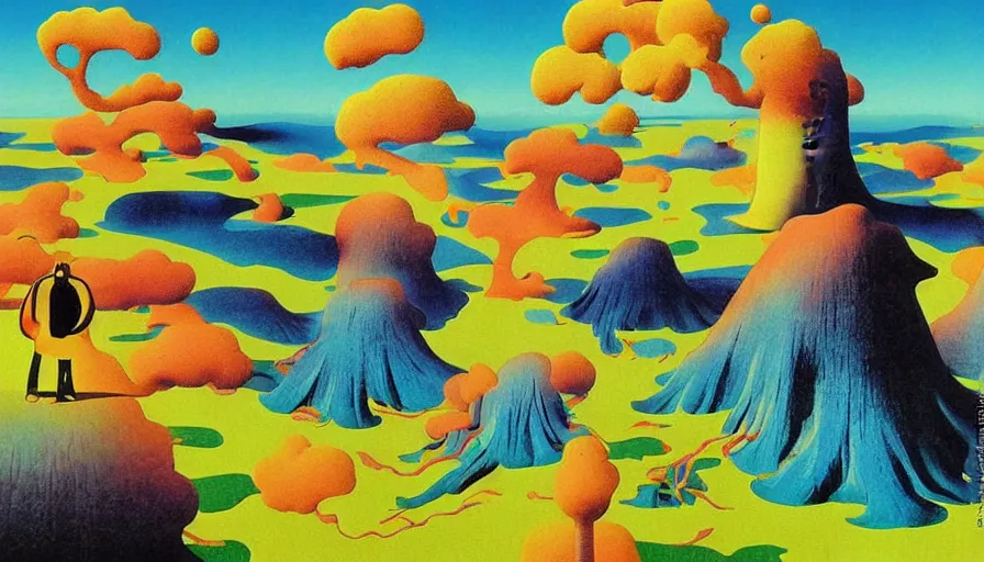 Image similar to Japan travel and tourism c2050, surrealist psychedelic painting in the style of Oxygene, Magritte, Roger Dean, Yoshio Awazu, vivid color