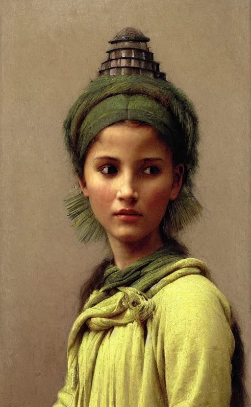 Prompt: portrait of berber girl with the head of a Dalek. Green and gold garment, hd, realistic, bouguereau