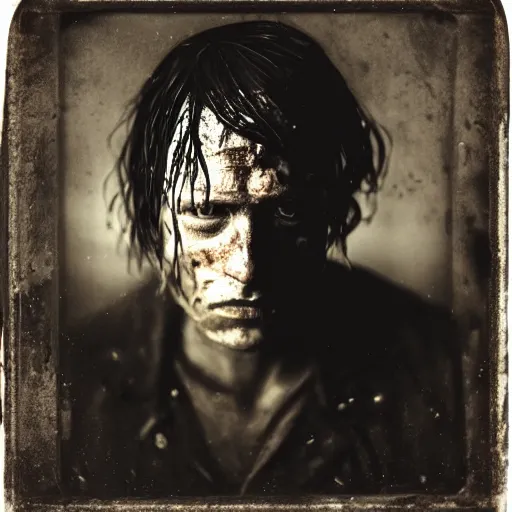 Prompt: A wet-collodion portrait of a man who comes back from a horrific war, he stares into the distance as his eyes show glimmers of hope, depth of field, 50mm lens, studio lighting, high contrast