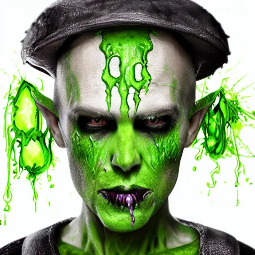 Image similar to a portrait photo of a poison themed character, green glowing cracks on face, poison dripping, gloom, scary face, photorealistic, extremely detailed,