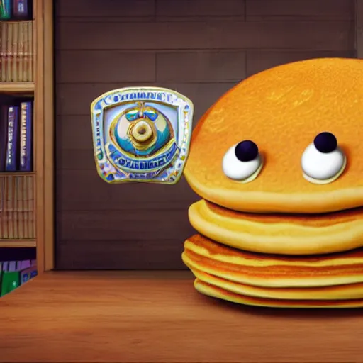 Prompt: <picture quality=uhd mode='attention grabbing'>Anthropomorphic pancake creature with a sheriff badge</picture>