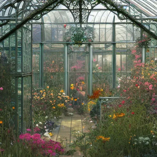 Image similar to a beautifull intricate greenhouse with many flowers, reflexions, verry high details by william turner art, greg rutkowski and alphonse mucha, and moebius, trending on artstation, very very detailed, masterpiece, - h 7 0 4