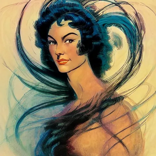 Image similar to portrait of a woman with swirling hair and fractal skin by frank frazetta, retrofuturism, psychedelic art reimagined by industrial light and magic