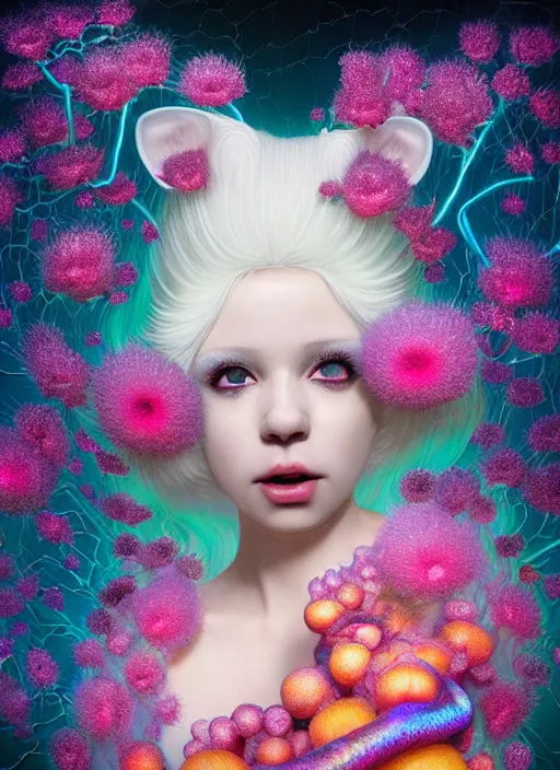 Image similar to hyper detailed 3d render like a Oil painting - kawaii portrait Aurora (white haired Singer Ferret) seen Eating of the Strangling network of yellowcake aerochrome and milky Fruit and Her delicate Hands hold of gossamer polyp blossoms bring iridescent fungal flowers whose spores black the foolish stars by Jacek Yerka, Mariusz Lewandowski, Houdini algorithmic generative render, Abstract brush strokes, Masterpiece, Edward Hopper and James Gilleard, Zdzislaw Beksinski, Mark Ryden, Wolfgang Lettl, hints of Yayoi Kasuma, octane render, 8k