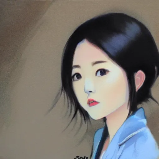 Image similar to a pretty young girl of 2 5, japanese, with big eyes, short shoulder - length hair and a suit ， paintingby sam yang