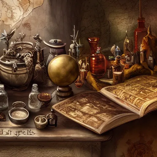 Image similar to hyper real, table, ancient map, wizards laboratory, tony sart, mortar, pestle, scales, energy flowing, magic book, beakers of colored liquid