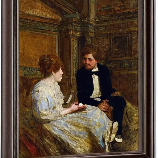 Image similar to a young man and woman chatting in an old theater, by alfred stevens