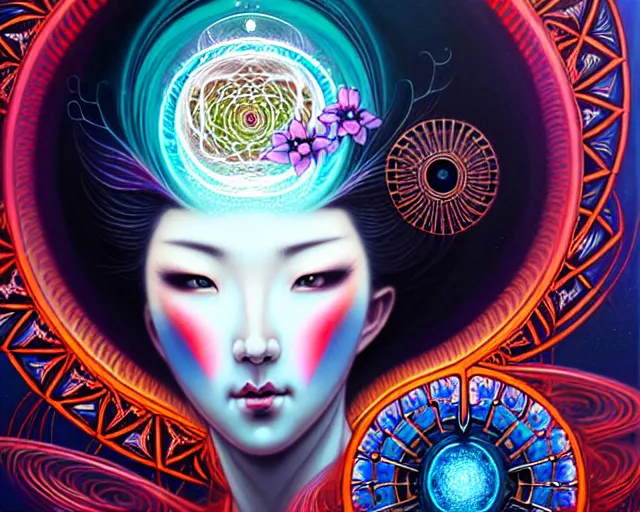 Image similar to a headshot of a geisha offset in the frame, surrounded by fractals, mandalas, cherry blossoms, hadron collider technology, metal gears, swirling bioluminescent energy, art by peter mohrbacher and dan mumford