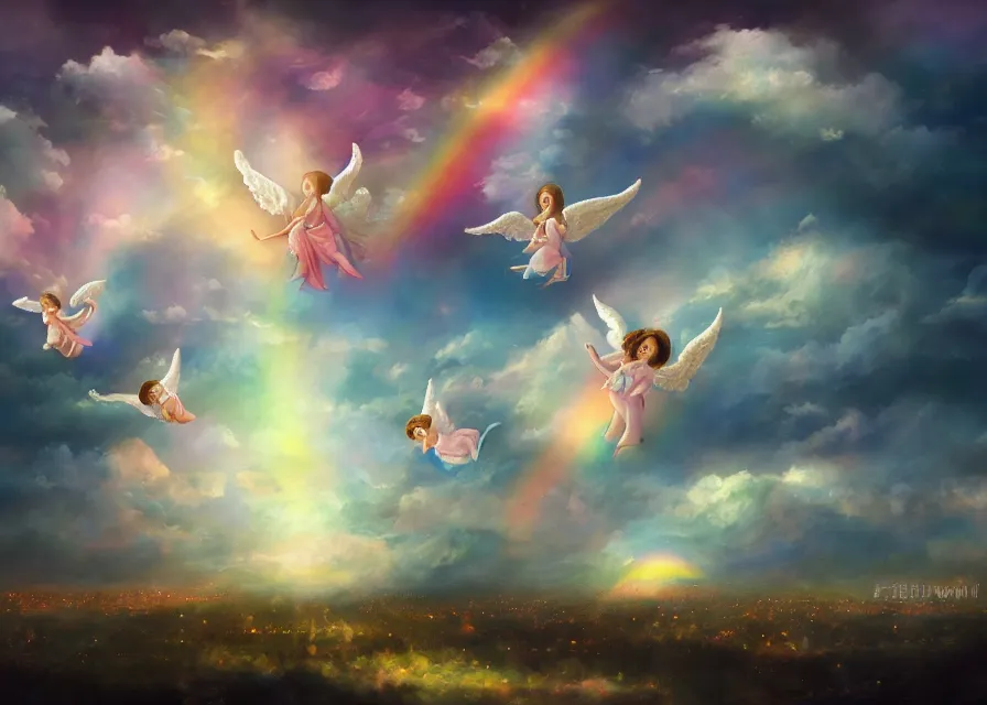 Image similar to realistic painting of angels flying around a giant pipe organ in the sky, joy, rainbow, magic, dreamy, clouds, pastel colors, dusk, rowena doge, zhiwei tu, fenghua zhong digital art, 4 k, trending on artstation, 4 k