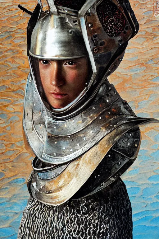 Image similar to hyperrealism oil painting, close-up portrait of medieval euopean fashion model, knight, steel gradient mixed with water swirls sky, in style of baroque mixed with 70s japan book art