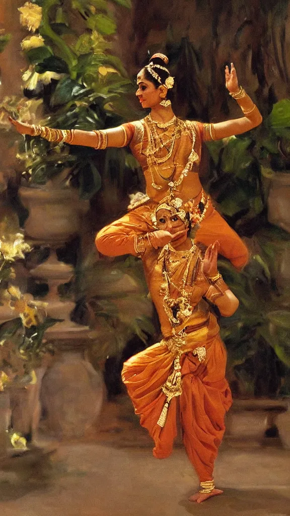 Image similar to a rabbit dancing bharatanatyam in botanical room by john singer sargent, cinematic, detailed
