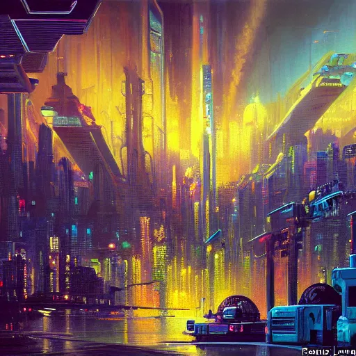 Image similar to a Stunning oil painting of A Great cyberpunk city on the sea by Paul Lehr,concept art,80s sci fi,hyper detailed,8K Resolution
