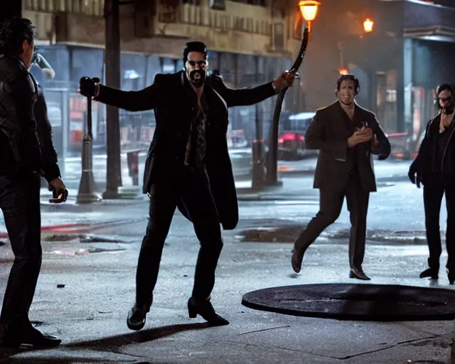 Prompt: mafioso ( joe manganiello ) throws a manhole cover at some vampires ; action scene from the modern hbo mini series / the outfit /, a supernatural mafia crime thriller about magical monster - hunting mafiosi in philadelphia, hd 8 k film photography, with modern supernatural horror aesthetic.