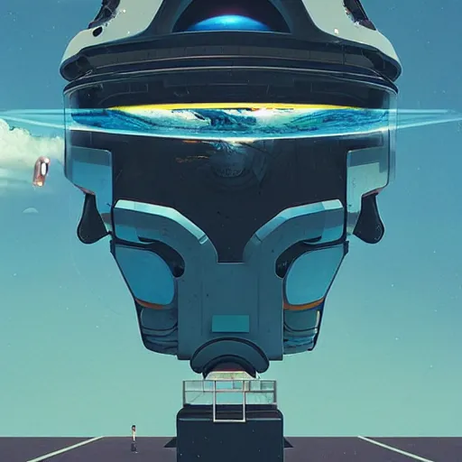 Image similar to giant robot head on the ground while robotic dolphins are flying in the sky by beeple, digital art