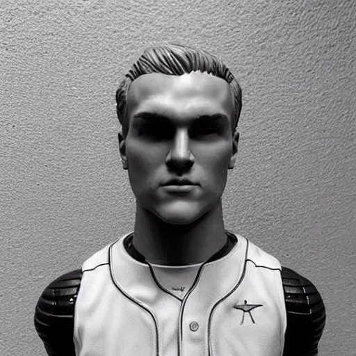 Prompt: “a realistic detailed photo of a guy who is an attractive humanoid who is half robot and half humanoid, who is a male android, baseball player Mike Trout, shiny skin, posing like a statue, blank stare”