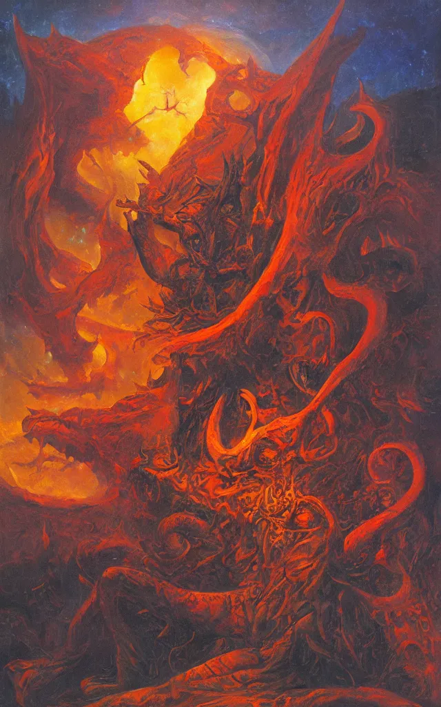 Prompt: moloch of the amber mythos fallen celestial spirit, award winning oil painting, sharp color palette