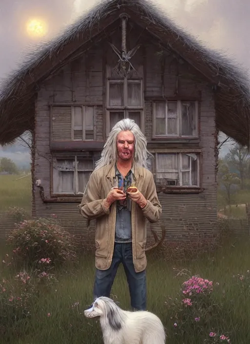 Image similar to highly detailed portrait of a blonde long - haired hillbilly in front of old style house, with his fluffy light gray australian shepherd, stephen bliss, art by greg rutkowski, loish, rhads, ferdinand knab, makoto shinkai and lois van baarle, artgerm, pixar, ilya kuvshinov, rossdraws, tom bagshaw, global illumination