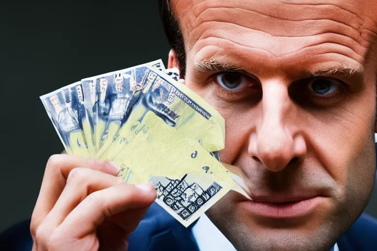 Image similar to close up portrait of emmanuel macron holding bags of money, photograph, natural light, sharp, detailed face, magazine, press, photo, steve mccurry, david lazar, canon, nikon, focus