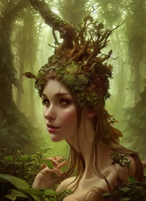 Image similar to a cute forest elemental, with fingers, fantasy, intricate, elegant, highly detailed, digital painting, artstation, concept art, wallpaper, smooth, sharp focus, illustration, art by artgerm and greg rutkowski and alphonse mucha