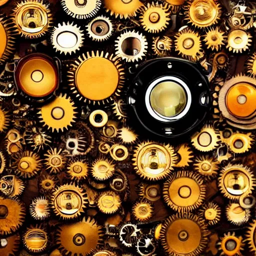 Image similar to a camera lens made of cogs, gears, pistons, and steam. golden and brown hues.